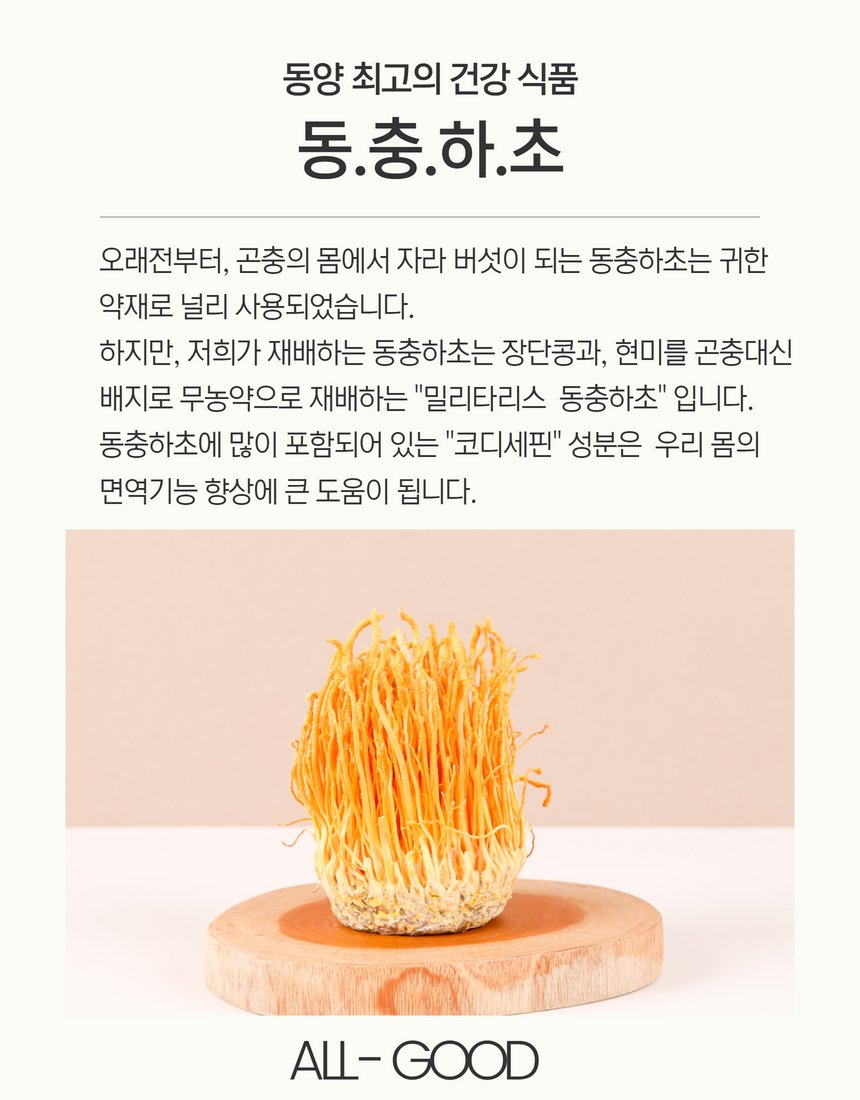 동충하초·현미·장단콩 재료 구성 컷 — 도마 위 분리 배치