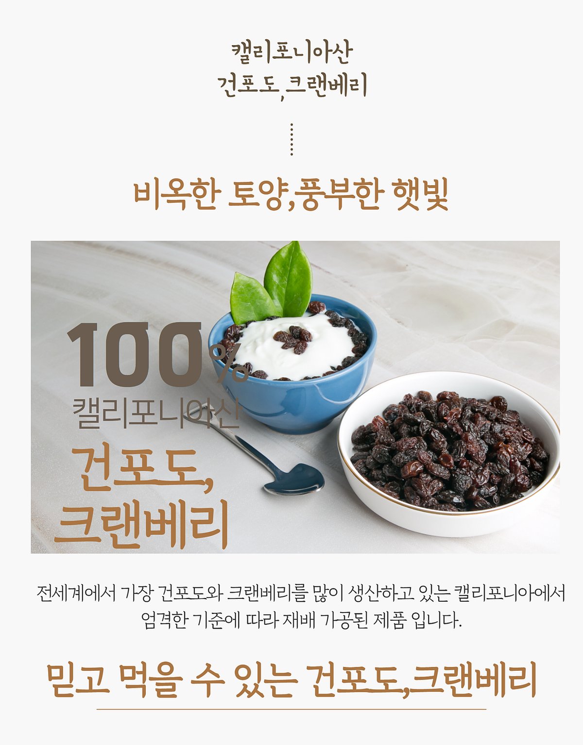 캘리포니아산 건포도 크랜베리 브랜드 디자인 카드와 요거트에 건포도 올린 활용 컷